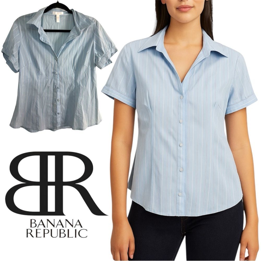 Banana Republic Women's Light Blue Striped Button Down Shirt PXL